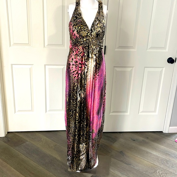 RIMA Dresses & Skirts - NWOT Pink/Gold Leopard Metallic DeepV Print Racer-Back Basque Waist Maxi Dress-S